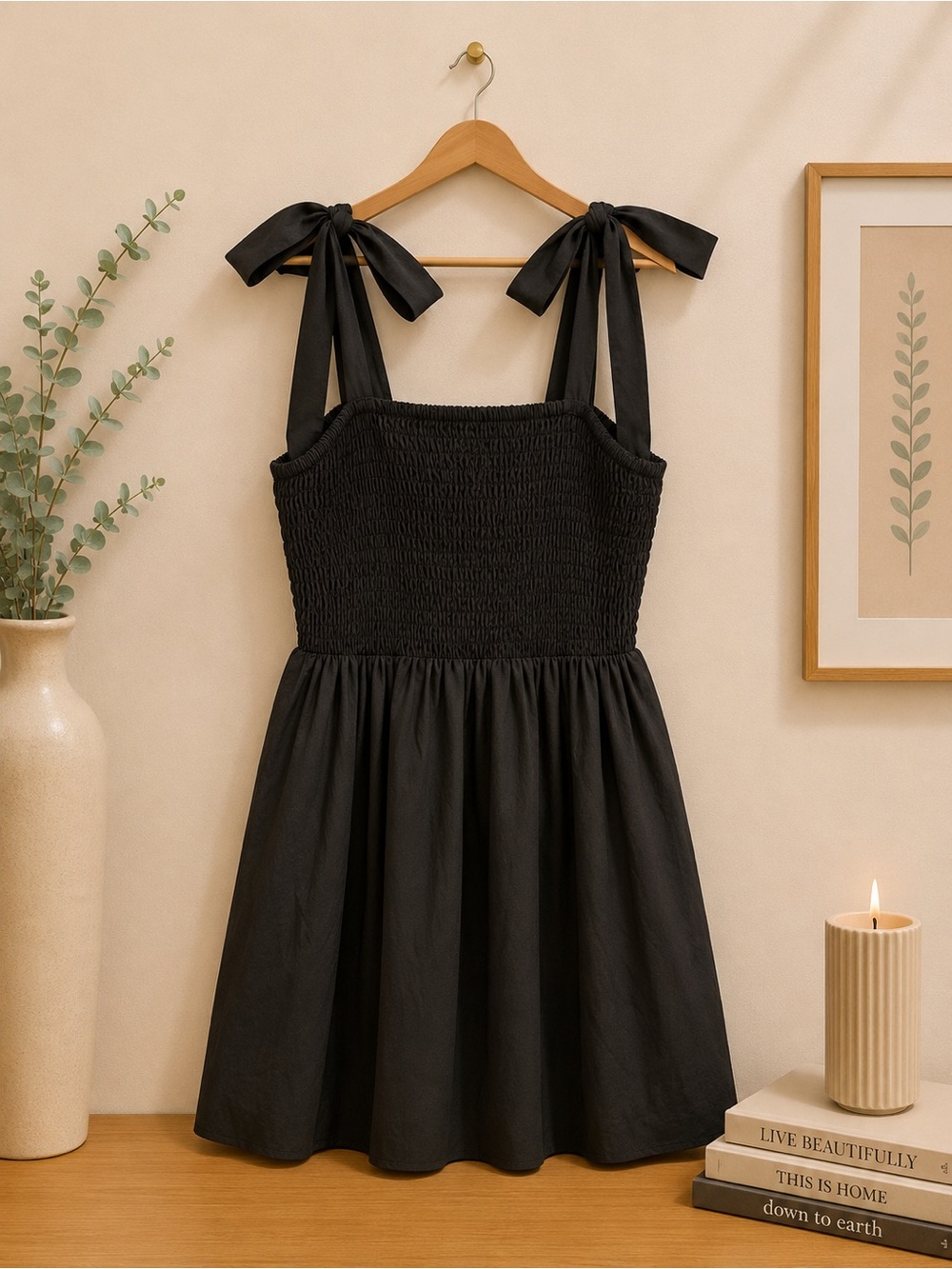 Black Smocked Tie-Shoulder Sundress